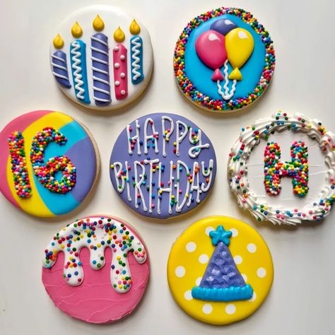 Birthday Cookies - The Graceful Baker Birthday Cookies Decorated, Birthday Candle Cookies, Graceful Baker, Cookie Decorating Supplies, Balloon Cookies, Happy Birthday Cookie, Happy 12th Birthday, Class Birthdays, Baker Shop