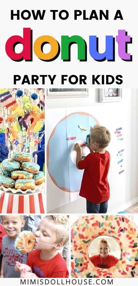 Donut Birthday Party: It's Doughnut Time! Want a fun birthday party idea that your kids are going to go nuts over? Throw a donut birthday party. It's easy and fun and delicious! Looking for donut party ideas? #parties #kidbirthdays #birthdays #donuts #holiday #donutparty Doughnut Theme Party, Donut Food Ideas, Donut Class Party, Donuts And Pajamas Birthday Party, If You Give A Dog A Donut Party, Donut Themed Party Games, Donut Shop Birthday Party, Donut Party Activities, Doughnut Party Games