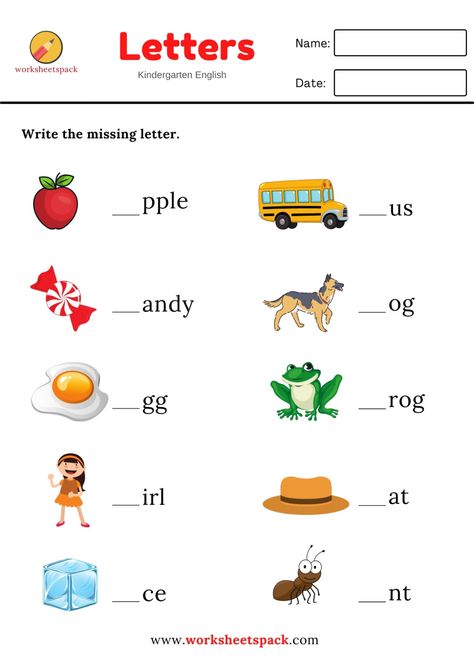 Free Alphabet Spelling Worksheet Letter F Words for Kindergarten - worksheetspack Letter Worksheets For Preschool, Missing Letters, Kindergarten Phonics Worksheets, English Worksheets For Kindergarten, Alphabet Worksheets Kindergarten, Kindergarten Reading Activities, Kindergarten Reading Worksheets, English Activities For Kids, English Worksheet