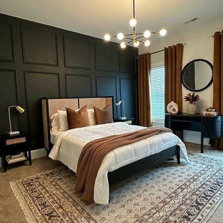 Cozy & Bold is what we were going for with this room and I think we pretty much achieved it! I was little apprehensive about adding a dark wall, but it ended up being exactly how I had envisioned it. As usual...thank you carolinareclaimed for the feature wall and going with my ideas. 🖤🤎🤍 #midmod #midcenturydecor #furnituredesign #shoplocal #midcenturymoderndesign #homedesign #artdeco #modernist #interiorstyling #interiordesigner #style #designer #decoration #midcenturymodernhome #moderndesign Bedroom Inspirations For Small Rooms, Paneled Headboard, Black Accent Wall, Tufted Bedroom, Beige Headboard, Timeless Bedroom, Black Accent Walls, Neutral Bedroom Decor, Black Rooms