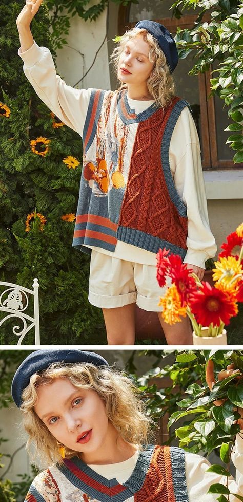 Van Gogh Knit sweater vest – Galartsy Van Gogh Outfit Ideas, Sweater Vest Design, Outfits With Vests Aesthetic, Van Gogh Outfit Aesthetic, Funky Vintage Outfits, Outfits With Sweater Vest, Fall Sweater Vest Outfits, Fun Colorful Outfits, Van Gogh Outfit