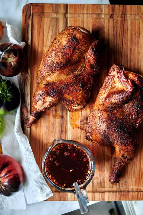 Smoked chicken halves served with apple cider vinegar sauce. Sauce For Smoked Chicken, Smoked Half Chicken Recipes, Smoked Chicken Halves, Country Meals, Smoked Chicken Quarters, Chicken Quarter Recipes, Traeger Chicken, Competition Bbq, Bbq Smoker Recipes