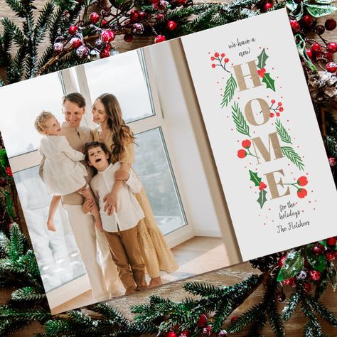 Christmas Holly We've Moved Holiday Moving Photo Postcard We Moved Christmas Card, Moving Photo, Corporate Party Invitation, Moving Card, Winter Foliage, New House Announcement, Moving Photos, Modern Christmas Cards, Moving Cards