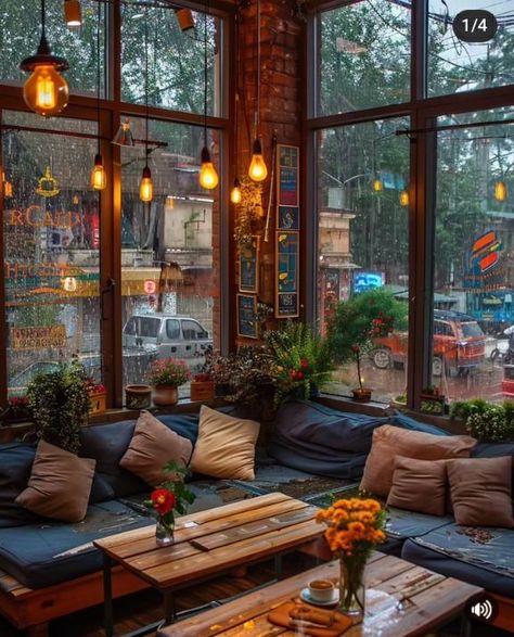 Cozy Cafe Interior, Rustic Coffee Shop, Lounge Aesthetic, Peaceful Interior, Restaurant Exterior Design, Coffee House Design, Cozy Window Seat, Cafe Window, Bakery Design Interior