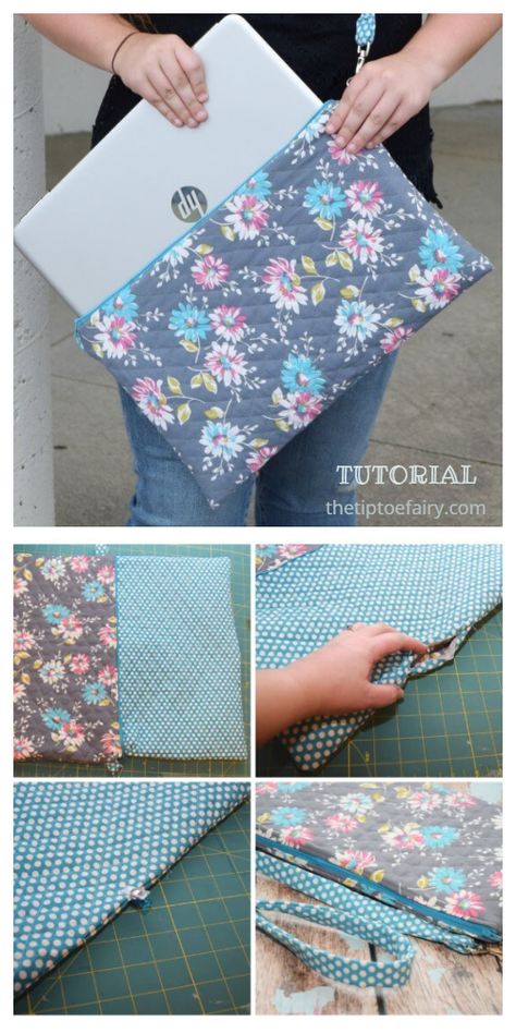 DIY Quilted Laptop Bag Free Sewing Pattern + Tutorial Diy Laptop Bag Pattern, Laptop Bag Pattern, Laptop Case Pattern, Diy Laptop Case, Bag Free Sewing Pattern, Diy Laptop Bag, Tas Laptop, Diy Laptop, Fabric Sewing Patterns