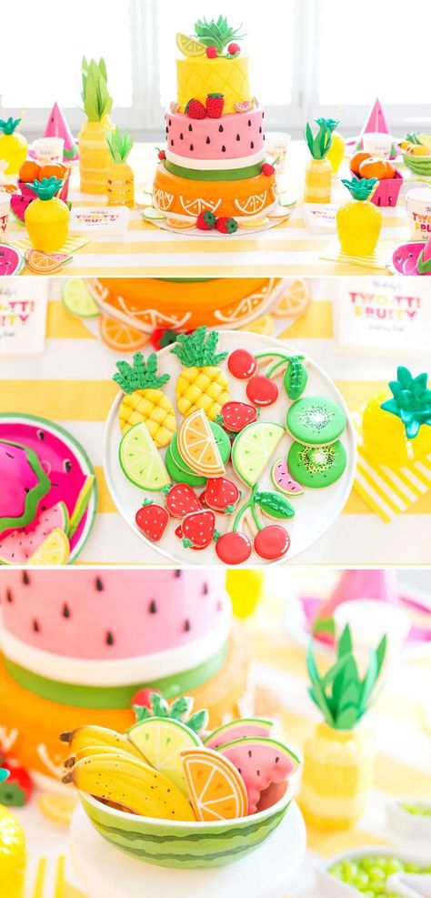 Fruits Party Ideas, Tutti Frutti Cookies, Sweet One Fruit Birthday Theme, Fruit Themed Cookies, Fruit Birthday Party Theme Decorations, Tuti Fruiti Birthday Party, Two Sweet Fruit Birthday Party, Two-ty Fruity Birthday Party, Fruits Birthday Theme