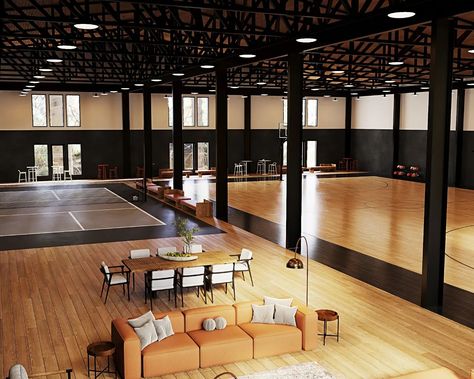 Indoor basketball and pickleball courts for the barndominium/man cave #barndominium #interiordesign #mancave Indoor Pickle Ball Court, Indoor Pickleball Court, Indoor Pickleball, Indoor Sports Court, Sports Facility Architecture, Home Basketball Court, Sport Facilities, Pickleball Courts, Basketball Gym