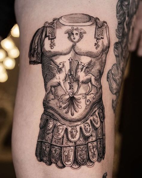 Baroque Tattoo, Historical Tattoos, Roman Tattoo, Etching Tattoo, Roman Armor, Woodcut Tattoo, Medieval Tattoo, Engraving Tattoo, Armor Tattoo