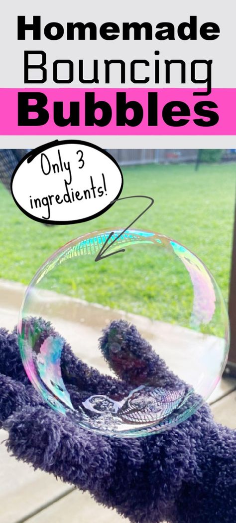 Mix up this cool homemade bouncing bubble solution. This recipe is great for kids and requires no glycerin, so it won't be as sticky. All you need is three ingredients and some bubble wands to make these awesome bubbles you can hold, blow, and bounce. We also share the science on why it works. Bouncing Bubbles, Bubble Solution Recipe, Big Bubble Wand, Homemade Bubble Solution, Bubble Crafts, Bubble Diy, Vacation Bible School Craft, Bubble Recipe, Bubble Birthday Parties