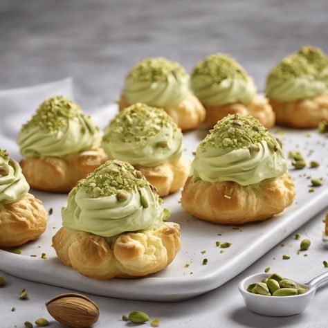 IRRESISTIBLE PISTACHIO CREAM PUFFS Italian Cream Desserts, Unique Dessert Flavors, Fancy Pistachio Dessert, Pistachio Mini Cakes, Pistachio Mini Dessert, Pistachio Cream Uses, Pistachio Creme Patisserie, Pistachio Puff Pastry Dessert, Pistachio Cream Filling