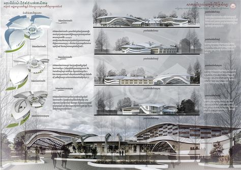 Architectural Sheet Design, Khmer Building, Architecture Poster Layout, Agriculture Exhibition, Sheet Composition, Campus Landscape Design, Concept Board Architecture, Architectural Thesis, Architecture Design Presentation