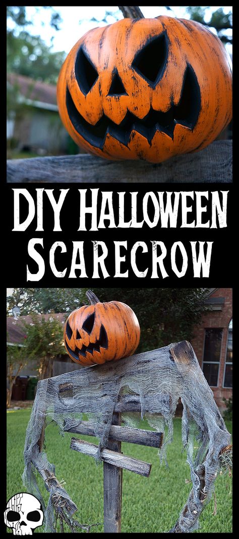 Diy Halloween Decorations Outdoor Scarecrow, Diy Spooky Scarecrow, Dollar Store Halloween Yard Decorations, Diy Scarecrow For Halloween, Cornstalk Halloween Decorations, Baseball Scarecrow Ideas, Diy Scarecrow Halloween Decorations, Scary Pumpkin Patch Decorating Ideas, Pumpkin King Scarecrow