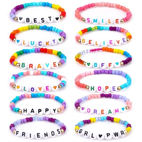 PRICES MAY VARY. 【12 Different Letter Bracelets】This kids girls party favor jewelry includes 12 pcs letter bead bracelet,12 pcs different letter such as love, lucky, hope, brave,dream,bff etc.Providing your lovely kids with different styles to meet their daily matching. Original Design Pattern. Registered Copyright. 【High Quality】Made of high quality resin,which is durable,fade-free,smell-free and environmentally friendly.Keeping your lovely girl’s safe and happy is always our pursuit.Your kids Kids Bracelet Ideas, Bead Bracelet Ideas Words, Kids Bracelets Diy, Kids Friendship Bracelets, Kids Beaded Bracelets, Bracelet Best Friends, Letter Bead Bracelet, Beaded Friendship Bracelets, Kids Bead Bracelet