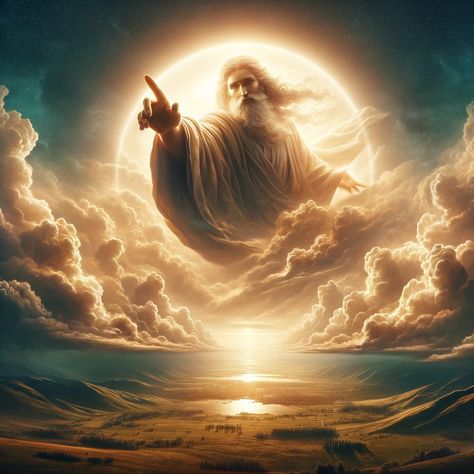 A majestic and divine figure, perceived as God, envelops the sky above a serene landscape. This celestial being extends a grand, ethereal finger towards the viewer from amidst the clouds, conveying a sense of direct communication and guidance. The scene is imbued with a warm, heavenly glow, emphasizing the divine connection between the heavens and the earthly realm. The landscape below is... Doctor Background, Mythical Gods, Devine Intervention, Blessed Wallpaper, Cloud Of Witnesses, Sky God, Jesus Love Images, Celestial Being, Direct Communication