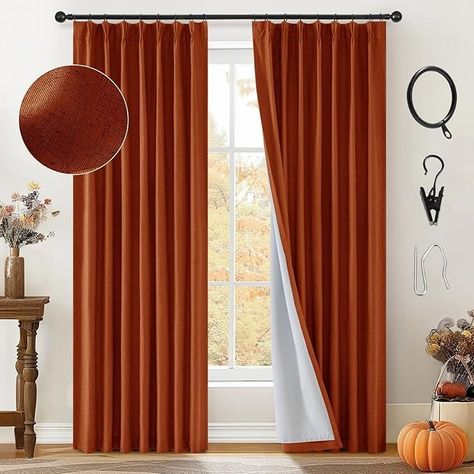 Amazon.com: MIULEE Burnt Orange Pinch Pleated 100% Blackout Linen Curtains for Bedroom, Room Darkening Rust Terracotta Fall Curtains 84 inches Long for Living Room, Black Out Pleat Drapes with Pin Hooks, 2 Panels : Home & Kitchen Orange Curtains Living Room, Burnt Orange Curtains, Burnt Orange Living Room, Fall Curtains, Orange Curtains, Drapes For Bedroom, Linen Blackout Curtains, Pleat Curtains, Fall Living Room