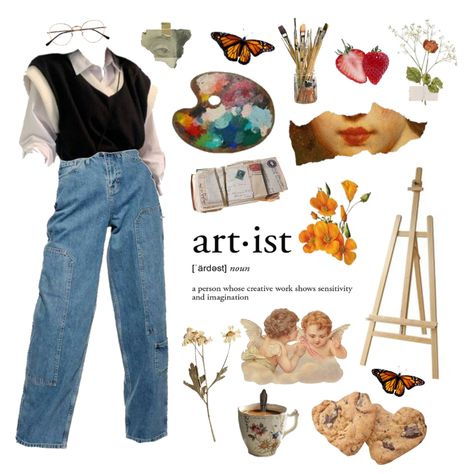 Artists Aesthetic Clothes, Artists Fashion Style, Aesthetic Art Outfits, Arty Clothes Aesthetic, Art Themed Outfits, Artist Inspired Outfits, Art Nerd Aesthetic Outfit, Artist Clothing Aesthetic, Art Teacher Clothes Aesthetic