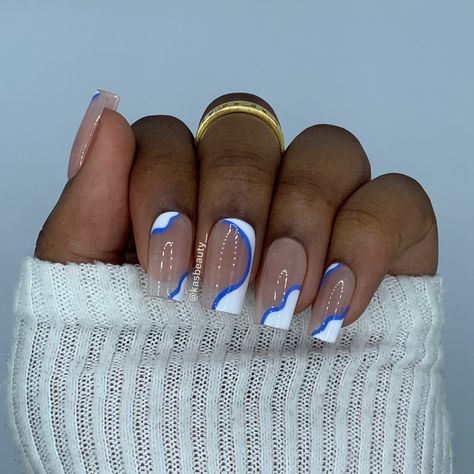 Fake Nails Blue And White, Nails For Any Occasion, Medium Length Summer Nails Acrylic, Gel Nails For Holiday, Nail Design For Greece, Very Simple Acrylic Nails, Cute Nails For Holiday, Spain Acrylic Nails, Deep Blue And White Nails