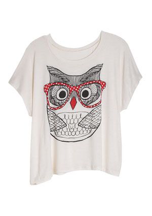 I have one with a black shirt, white owl and pink glasses :) I have matching pink sunglasses to wear with it. Owl With Glasses, Owl Clothes, Owl Graphic, Owl Shirt, Owl T Shirt, Owl Print, Graphic Tee Design, Graphic Tops, Top Graphic Tees