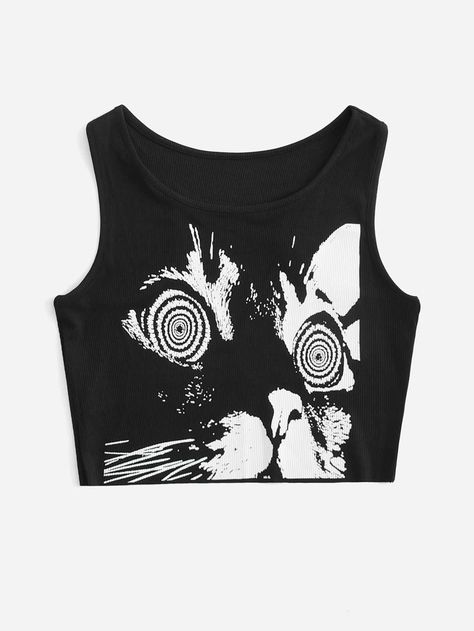 Is That The New Cat Graphic Ribbed Tank Top ??| ROMWE USA Clothes Words, Emo Clothes, Bauchfreies Top, Cartoon Clothing, Gothic Grunge, Vintage Crop Tops, Grunge Vintage, Style Steal, E Girl