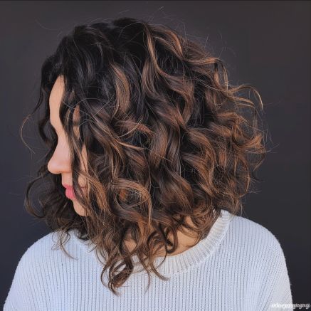 Curly Layered Lob Haircut, Angled Bob Hairstyles Curly, Curly Hair Angled Bob Mid Length, Inverted Lob Curly Hair, Long A Line Bob Curly Hair, Wavy Hair Long Bob Haircut, Best Haircut For Thinning Curly Hair, Long Bob Haircut Curly Hair, Curly Aline Haircut