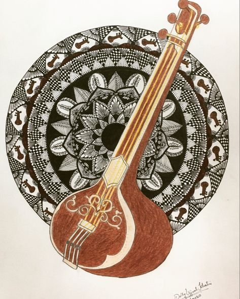 Indian Classical Music Instrument Indian Music Room Decor, Classical Instruments Drawing, Musical Instruments Art Paintings, Indian Musical Instruments Painting, Indian Music Poster, Mandala Art Musical Instruments, Indian Classical Music Poster, Tanpura Drawing, Sitar Instrument Drawing