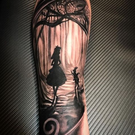 Alice In Wonderland Arm Sleeve Tattoo, Alice In Wonderland Dark Tattoo, Spooky Alice In Wonderland Tattoo, Dark Alice Tattoo, Alice And Wonderland Tattoos For Women, New School Alice In Wonderland Tattoo, Alice In Wonderland Forearm Tattoo, Gothic Alice In Wonderland Tattoo, Cartoon Sleeve Tattoos For Women