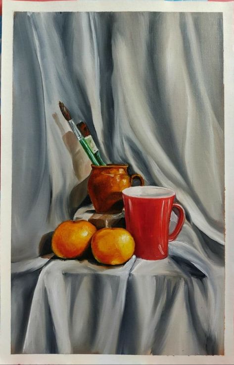 Still life in Beautiful drapery with orange,cup and brushes Still Life Drawing Watercolors, Still Life Drawing With Drapery, Drapery Painting Still Life, Still Life For Painting, Still Life With Oranges, Still Life Drawing Acrylic, Still Life With Fabric, Painted Still Life, Digital Painting Still Life