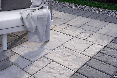 Techo Bloc Blu 60 Slate Shale Grey, Techo Bloc Blu 60 Champlain Gray, Slate Patio, Shale Grey, Block Layout, Patio Slabs, Rustic Traditional, Slate Stone, Backyard Spaces