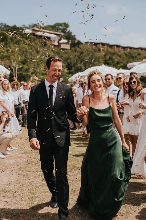 This Bride Wore An Emerald Green Dress to Her Boho-Chic South Africa Wedding - Green Wedding Shoes Green Emerald Wedding Dress, Emrald Green Wedding Dress, Forest Green Wedding Shoes, Green Elopement Dress, Non Traditional Elopement Dress, Green Wedding Dress For Bride, Wessing Dress, Forest Green Wedding Dress, Non Traditional Wedding Dress Boho