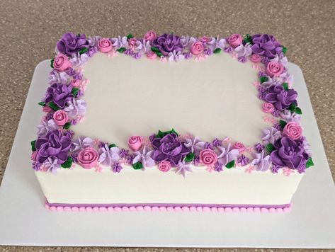 Birthday Cake For Women Rectangle, Flower Rectangle Cake, Flower Birthday Sheet Cake, Purple Birthday Cake Rectangle, Purple Sheet Cakes, Sheet Cake With Rosettes, Beautiful Sheet Cakes Birthday, Sheet Cake With Fresh Flowers, Pink And Purple Sheet Cake