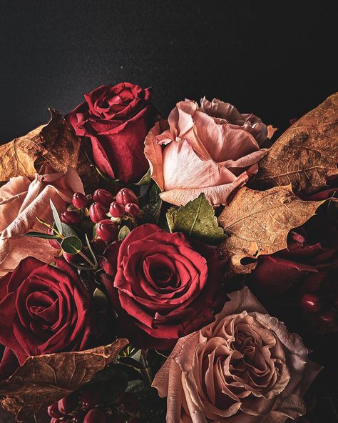 #autumn #leaves #roses #colors #bouquet Autumn Roses Aesthetic, Autumn Leaves Bouquet, Roses Colors, Fall Roses, Autumn Roses, Flower References, Bebe Shower, Fall Bouquet, Autumn Rose