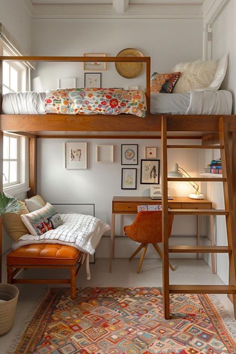 Small Room Ideas Aesthetic Loft Bed, Loft Bed With Shelves Underneath, Half Loft Bedroom, Bedrooms With Mezzanine Floor, How To Build A Loft In A Bedroom, Grown Up Loft Bed, Lofted Bed Apartment, Bedroom With Bed And Desk, Bunk Bed Studio Apartment