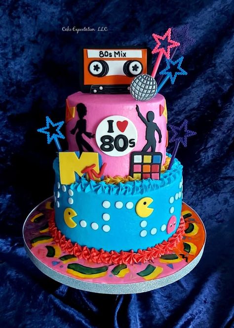 1980s Cake, 80s Cake, 40th Birthday Cake For Women, Decades Party, Neon Cakes, Disco Cake, 80's Theme, 80s Birthday Parties, 40th Cake