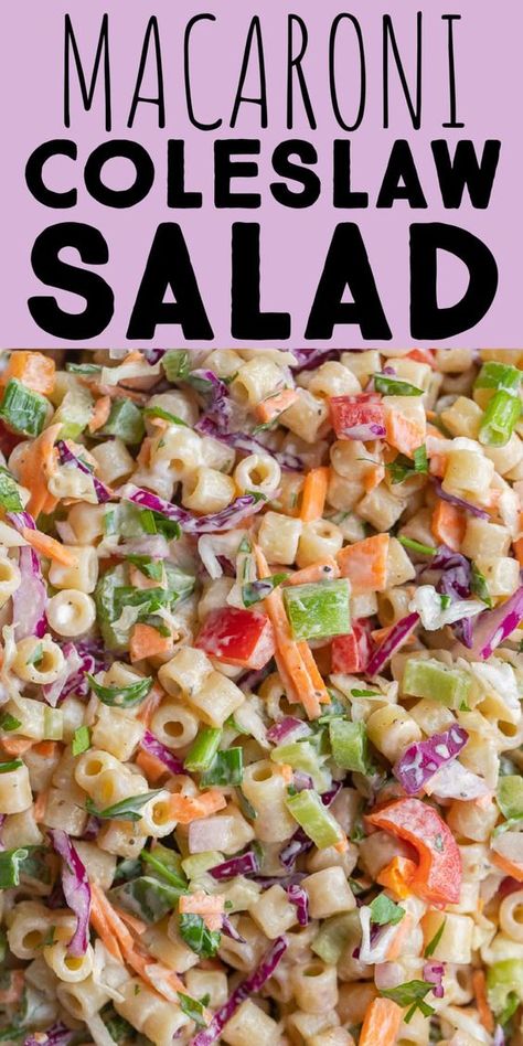 This Macaroni Coleslaw Salad is the perfect mix between macaroni salad and coleslaw! It's a great side dish for parties, potlucks and BBQs. This macaroni coleslaw salad is easy to make, packed with tons of vegetables and dressed with a creamy mayo based dressing. #macaronisalad #coleslaw #potluckrecipe #vegetariansidedish Macaroni Coleslaw Salad Taste Of Home, Cole Slaw Pasta Salad Salad, Side Dish For Barbeque, Pasta Slaw Salad, Coleslaw Mix Salad, Coleslaw Pasta Salad Recipe, Small Macaroni Salad, Summer Vegetable Salad Recipes, Cold Salads For Dinner