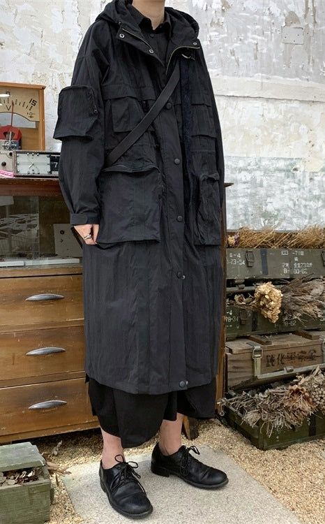 Homemade Yoji Yamamoto Dark Long Windbreaker Jacket / Over the Knee Ho – Ofelya Boutique Big Jacket Outfits, Yohji Yamamoto Street Style, Big Pant, Babylon Berlin, Gorp Core, Yoji Yamamoto, Windbreaker Outfit, Big Pants, Gender Fluid Fashion