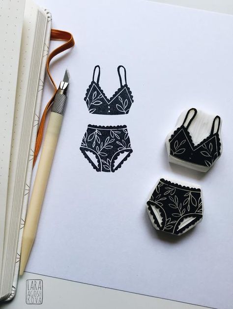 Hand carved rubber stamp set of luxurious floral lingerie. Stamps can be bought individually or as a set.Carved by hand from high quality Japanese rubberMounted or not mounted options availableCan be used on paper, fabric, woodCute & versatile designA stamp set of luxury floral underwear set. This gorgeous design is extremely versatile - you can use it as a part of your logo or packaging, to print gift tags, cards, make your own wrapping paper, or use for your planner or bullet journal. It is ha Clothing Stamp, Rubber Stamp Design, Hand Carved Rubber, Linocut Printmaking, Lino Art, Hand Carved Stamps, Stamp Carving, Handmade Stamps, Linocut Art