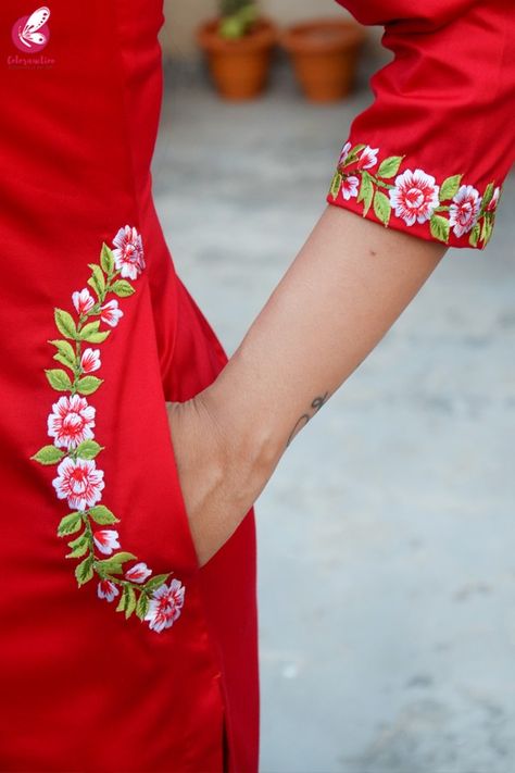 Buy Red Cotton Silk Embroidered Kurti Set by Colorauction - Online shopping for Kurti Sets in India Sulaman Pita, Pola Bordir, Hand Painted Dress, Fabric Painting On Clothes, Hand Embroidery Dress, Fabric Paint Designs, Embroidery On Kurtis, Kurti Embroidery Design, Seni Origami