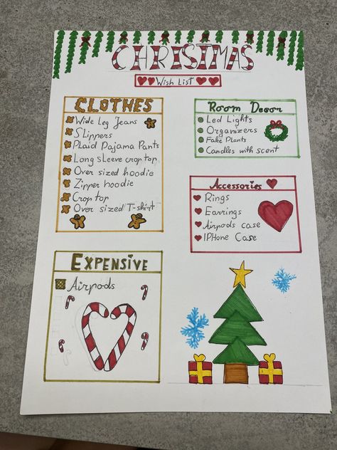 Christmas wish list🎅 Santa Wish List Ideas, Christmas List Ideas Design, Christmas List Setup, Christmas List Layout Ideas, Christmas List Design Ideas, Christmas List On Paper, Christmas List Paper, Christmas List Ideas On Paper, Christmas List Items