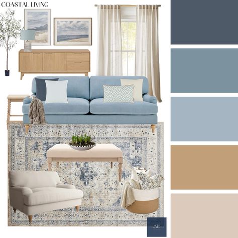 Transform your space into a serene seaside escape with my latest coastal living room curated furniture board! Get the look: • Soft neutral tones inspired by Sandy beaches • Breezy linen curtains that let in plenty of natural light •Ocean-inspired blues for that fresh airy vibe • Neutral textures like wicker, rattan, and driftwood to bring the outdoors in • Cosy, plush cushions and throws that make you want to curl up with a good book Styling Tips: • Layer different textures to add de... Neutral Living Room Pop Of Blue, Modern Living Room Blue Accents, Sea Blue Living Room, Light Blue Decor Living Room, Sky Blue Living Room Decor, Light Blue Sofa Living Room Ideas Decor, Beige And Blue Living Room Ideas, Nuetral Pallete Living Room With Blue, Cosy Colourful Living Room