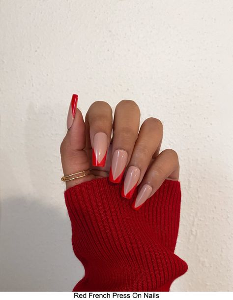 Red French Press On Nails Red Nails With Red Dress, Classic French Tip Nails, Medium Square Nails, Red Wedding Nails, Party Manicure, Red Tip Nails, Classic French Tip, French Press On Nails, Red French