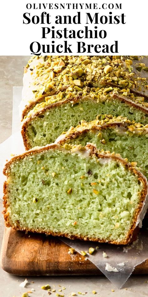 Pistachio bread is sweet, soft and moist pistachio quick bread made with pistachio pudding mix. Top this easy to make pistachio loaf with a nutty almond and vanilla glaze and real pistachios for a delightfully festive, sweet and salty treat. Zucchini Pistachio Bread, Pistachio Quick Bread, Pistachio Pudding Bread, Pistachio Bread Pudding, Pistachio Bread Recipe, Pistachio Loaf Cake, Pistachio Loaf, Pistachio Bread, Pistachio Muffins