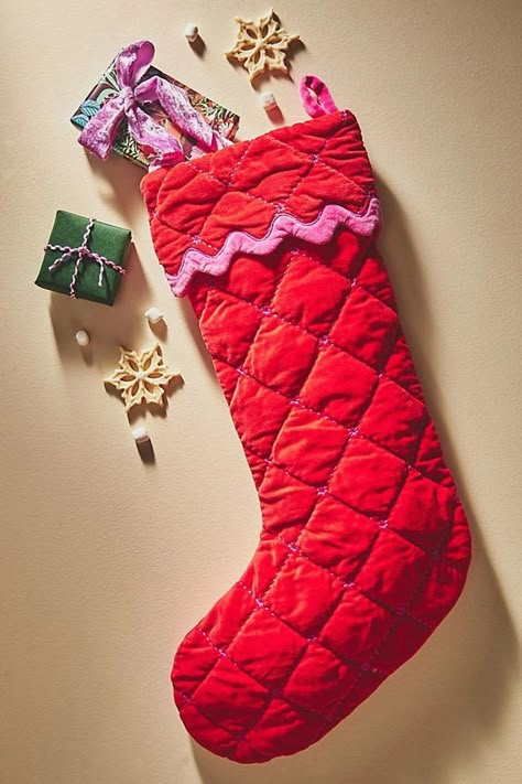 Anthropologie’s Holiday Decor For 2023 - Brit + Co Colourful Christmas Stocking, Anthropologie Holiday Decor, Velvet Christmas Stocking, Stockings Diy, Anthropologie Christmas, Green Stockings, Wool Stockings, Anthropologie Holiday, Picture Frame Ornaments