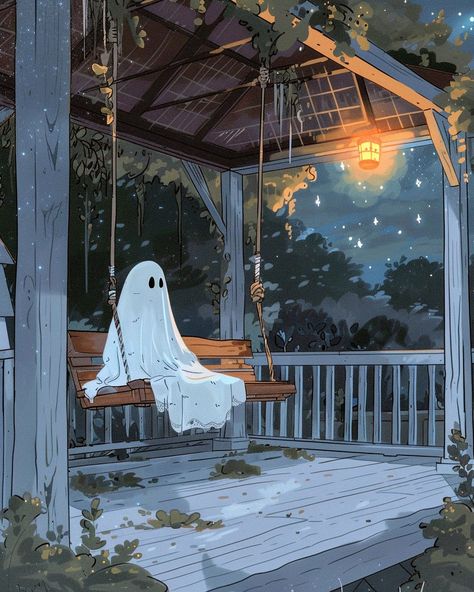 Front Porch Art, Dreamy Fall Aesthetic, Peaceful Decorating Ideas, Cozy Spooky Aesthetic, Sheet Ghost Wallpaper, Fall Time Wallpaper, Spooky Good Night, Cozy Art Aesthetic, Fall Themed House