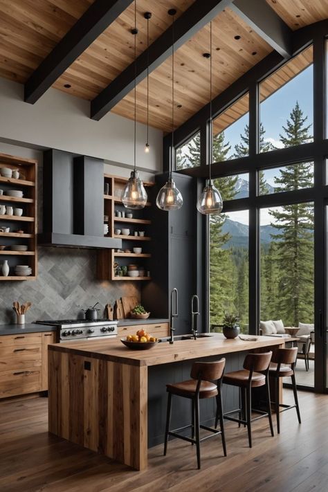 Natural Pine Kitchen Cabinets, Rustic Industrial Home Design, Black And Natural Kitchen, Black And Wood Modern Kitchen, Cool House Features Interior, Cabin Kitchen Modern, Mountain Home Kitchen Ideas, Cool House Features Ideas, Modern Kitchen Natural