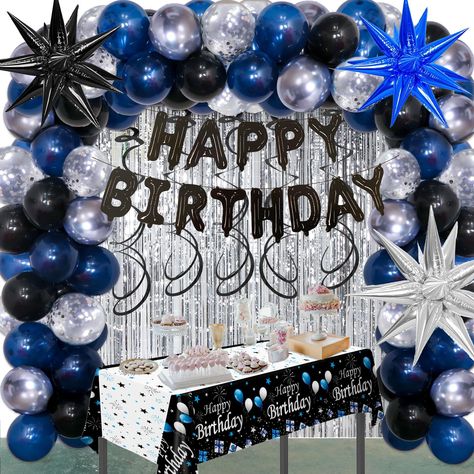 PRICES MAY VARY. 🎈 105Pcs Dark Blue Birthday Decorations: This package will get the ready to party with Black "HAPPY BIRTHDAY" banner, 1 x Happy Birthday Tablecloth, 30x 10" Dark blue Latex Balloons, 10 x 10" Silver Latex Balloons, 20 x 10" Black Latex Balloons , 10 x 12" Silver Confetti Latex Balloons, 2pcs Silver Foil Fringe Curtains, 1x Beer Foil Balloons ,6 x Black hanging swirls, 3x Star Foil Balloons, 1x glue point, 1x ribbon,1x balloon chain. 🎈 Easy to Assemble: The mens birthday party Blue Color Theme Party Ideas For Adults, Guy Birthday Party Decorations, Blue Birthday Decorations For Men, Blue Birthday Party Ideas, Blue Birthday Decorations, Dark Blue Party, Tyler Birthday, Navy Blue Birthday, Guys Birthday