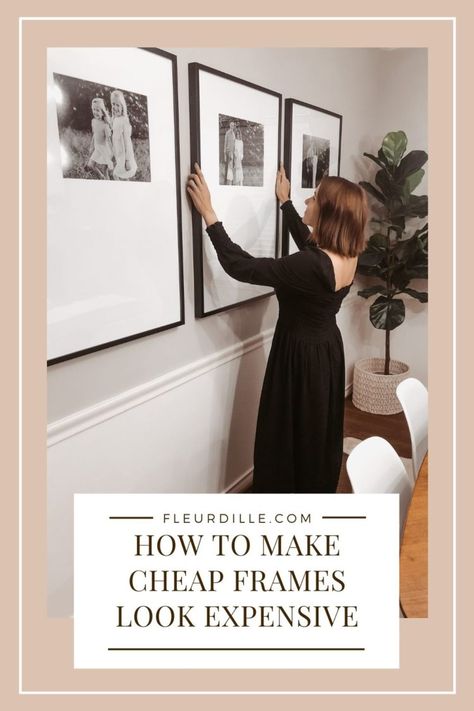 how to make cheap frames look expensive | Fleurdille Frames For Artwork Ideas, Picture Frames On The Wall Dining Room, Large Print For Living Room, Bedroom Ideas Frames Wall Art, Hallway Photo Frames, Black Photo Frames Living Room, Floor To Ceiling Picture Frames, How To Make Your House Look Expensive For Cheap, Cheap Framing Ideas