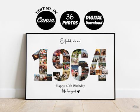 EDITABLE Custom 1964 Collage, 60th birthday Photo collage print template, Photo Collage Gift, Number Collage, DIGITAL by raindropprints on Etsy Number Collage, Photo Collage Prints, Birthday Photo Collage, Collage Foto, Photo Collage Gift, Birthday Collage, Photo Collage Template, 30th Birthday Gifts, Collage Template