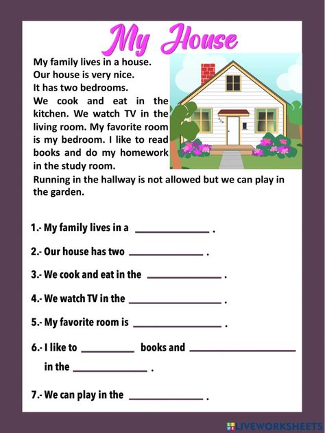 My House Reading Comprehension, Rooms In The House Activities For Kids, English 3rd Grade Worksheets, 3rd Grade English Activities, Rooms In The House Worksheet, House Worksheets For Kids, 3rd Grade English Worksheets, My House Worksheet, English Conversation Worksheets