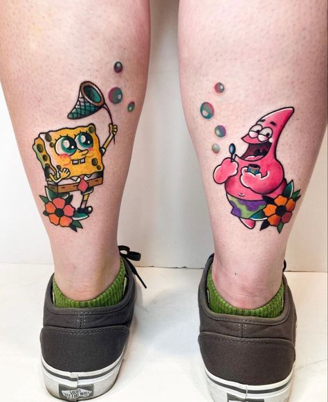 Spongebob Patrick Tattoo Best Friends, Spongebob Sister Tattoos, Sponge Bob And Patrick Tattoos, Spongebob Couple Tattoo, Sponge Bob Tattoo, Spongebob Tattoo Ideas, Spongebob And Patrick Tattoo, Bob Tattoo, Bubble Tattoo