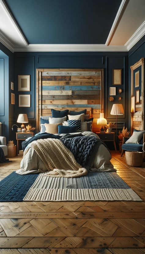 21 Navy Blue Bedroom Ideas to Transform Your Space: From Modern to Rustic 🌙✨ - Laugh Lore What Color Goes With Navy Blue Accent Wall, Midnight Blue Bedroom Ideas Accent Wall, Blue And Brown Master Bedrooms Decor, Dreamy Blue Bedroom, Dark Academia Guest Bedroom, Blue And Copper Bedroom, Blue Luxury Bedroom, Dark Blue Walls Bedroom, Navy Blue And Beige Bedroom